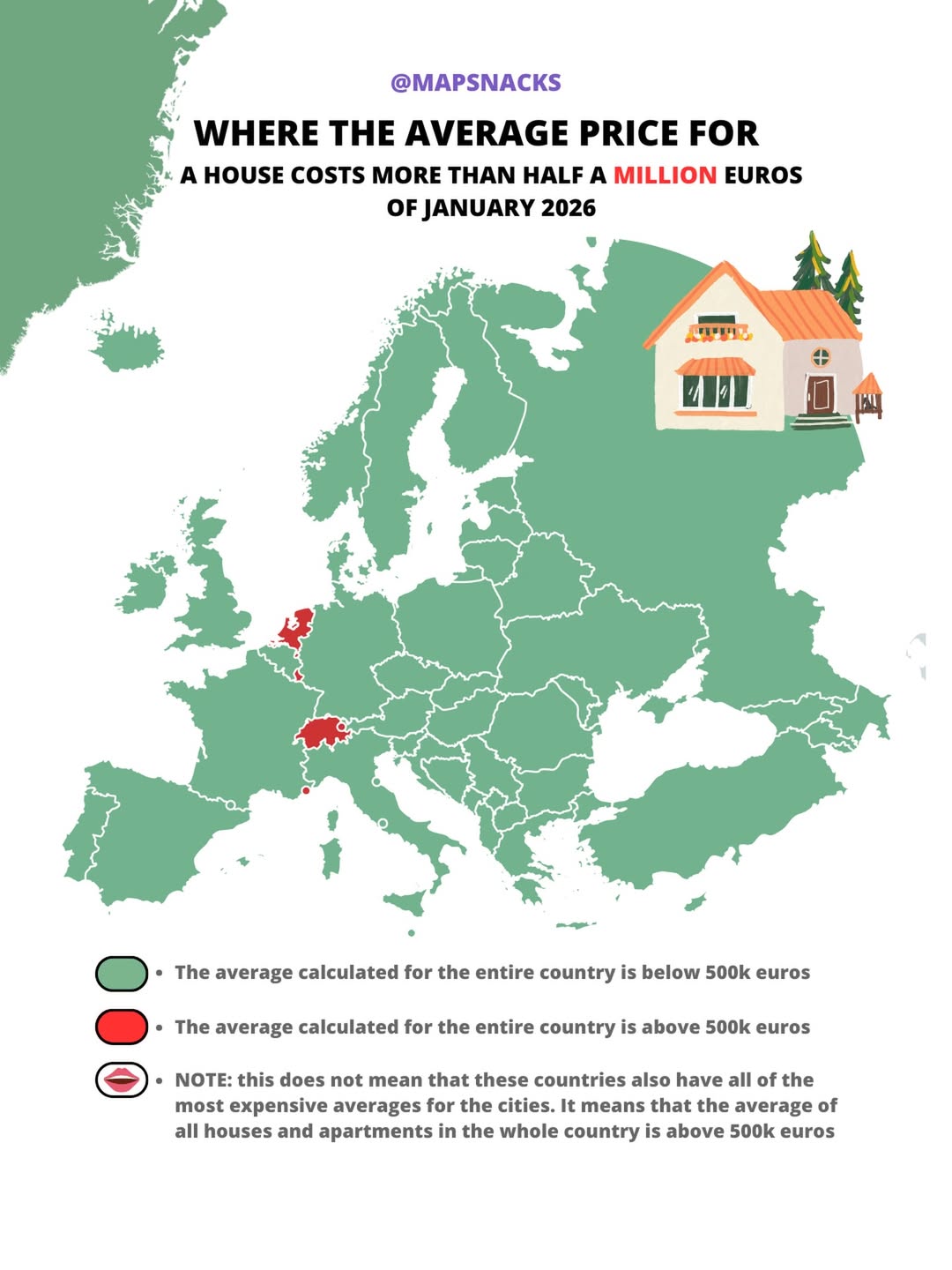European countries where the average house price is above €500k EUR 