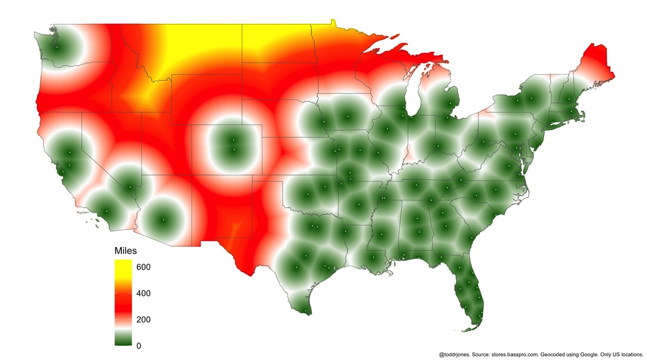 Distance to the nearest Bass Pro Shop