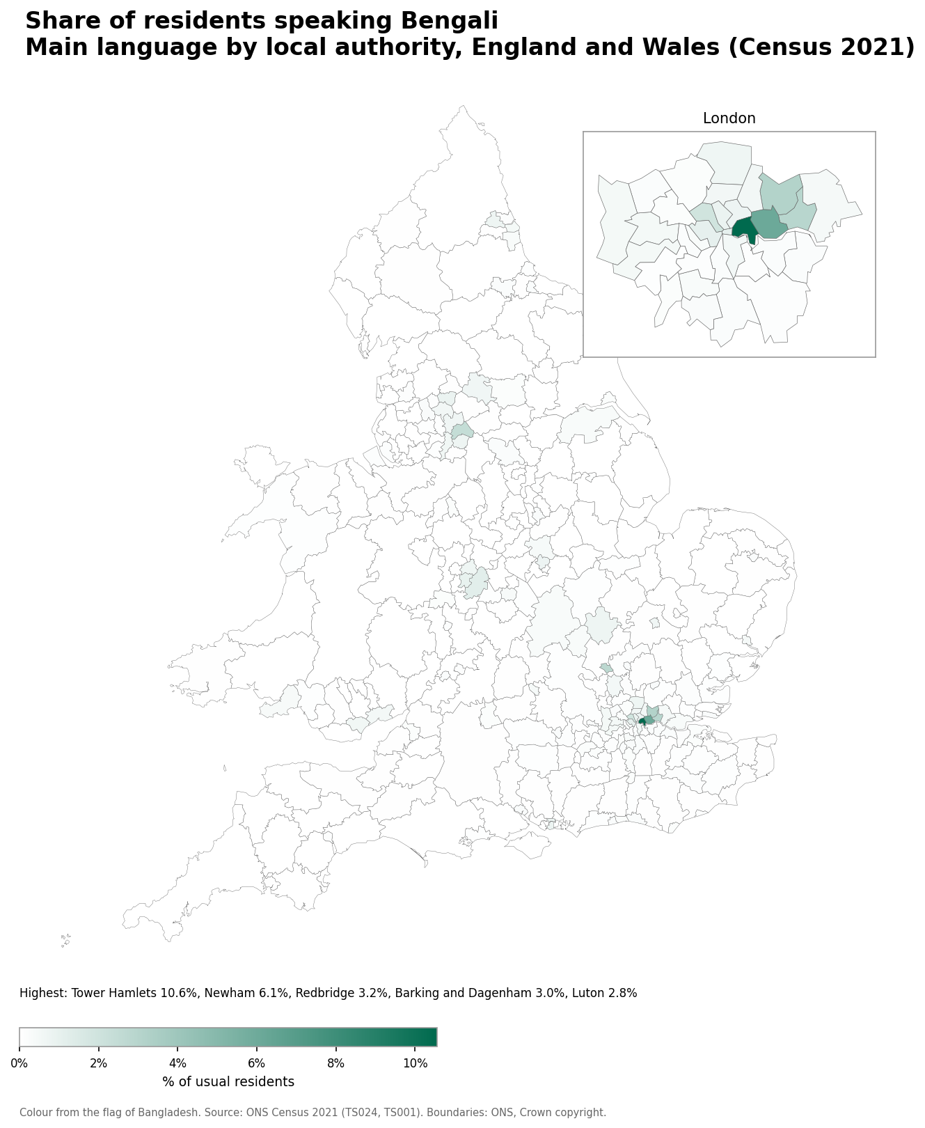 Map of the percentage of residents with Bengali as their main language by local authority in England and Wales, Census 2021