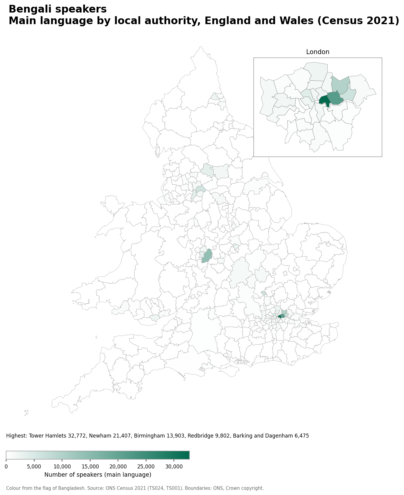 Map of the number of people with Bengali as their main language by local authority in England and Wales, Census 2021