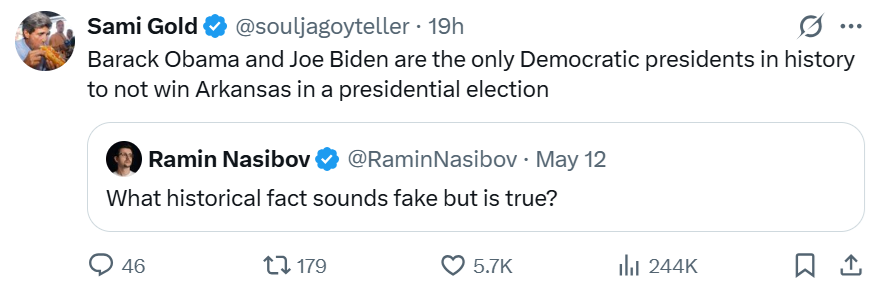 Barack Obama and Joe Biden are the only Democratic presidents in history to not win Arkansas in a presidential election