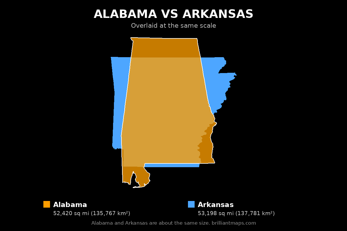 Alabama vs Arkansas Size Comparison Map