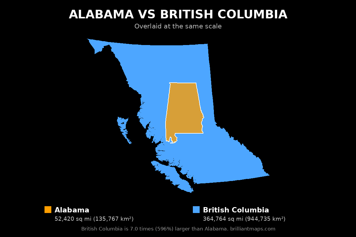 Alabama vs British Columbia Size Comparison Map