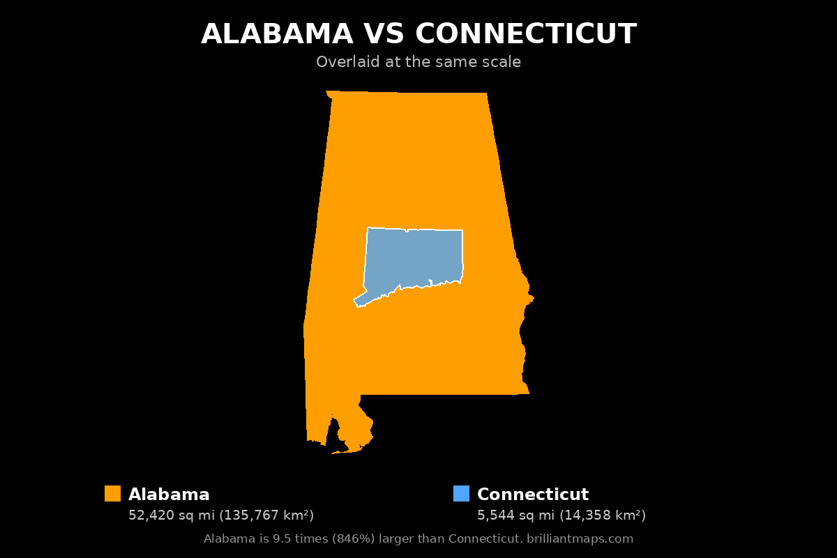 Alabama vs Connecticut Size Comparison Map