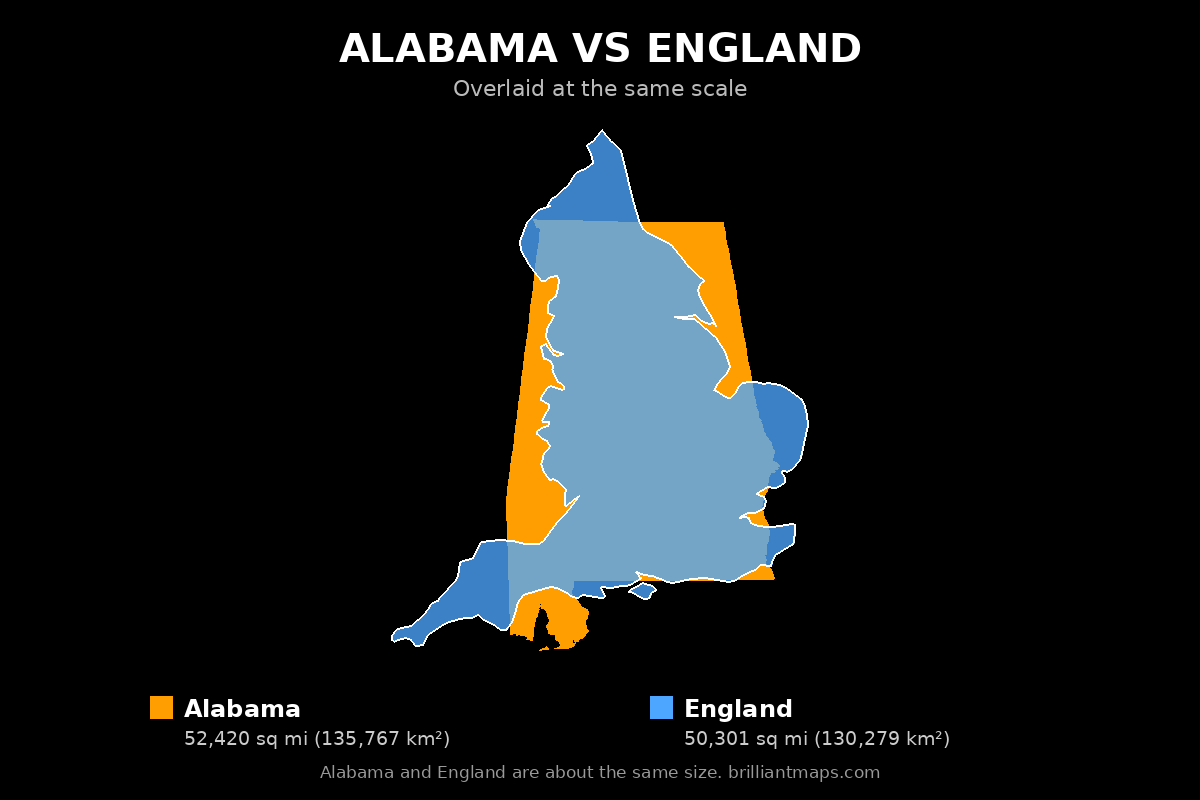Alabama vs England Size Comparison Map