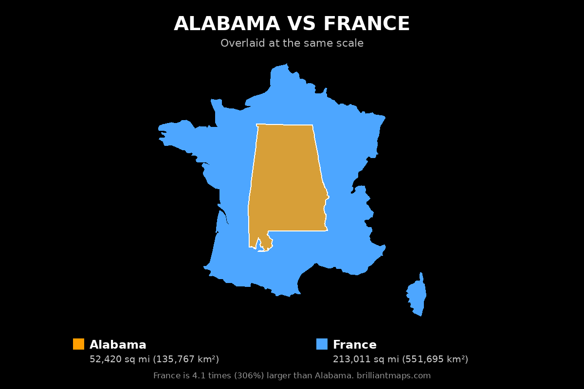 Alabama vs France Size Comparison Map