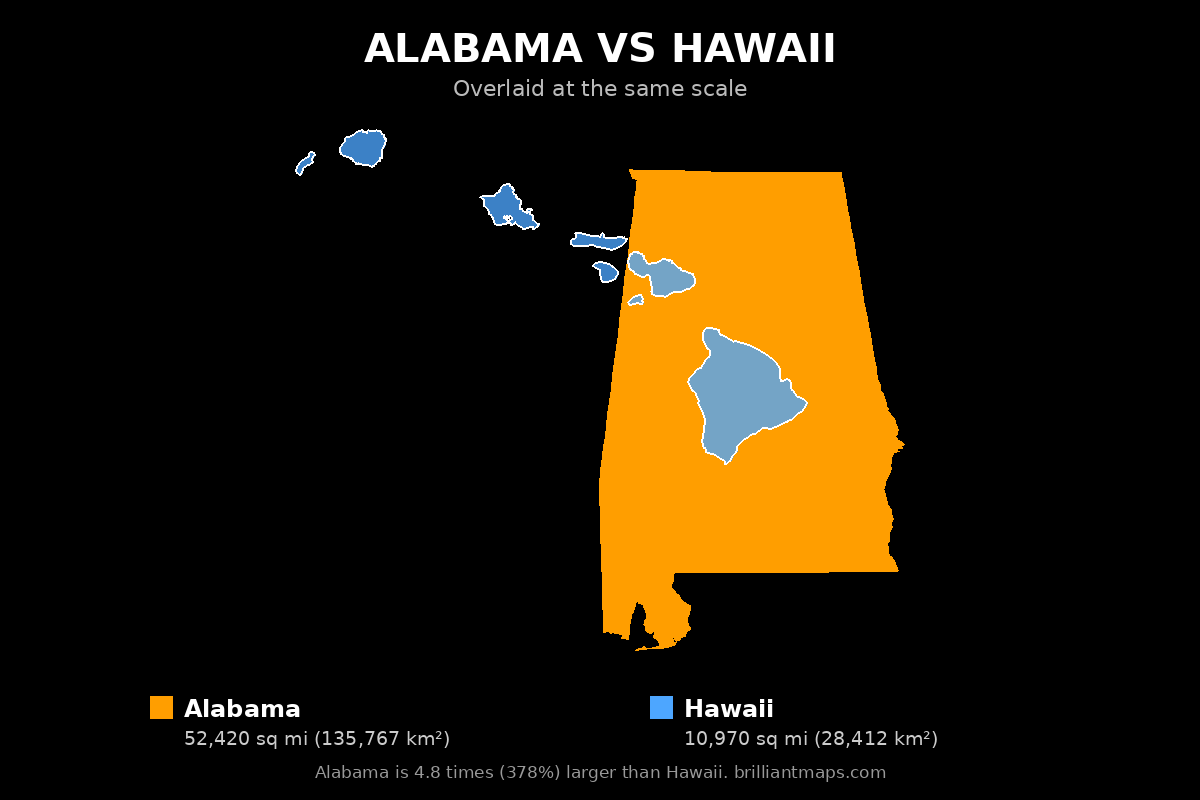 Alabama vs Hawaii Size Comparison Map