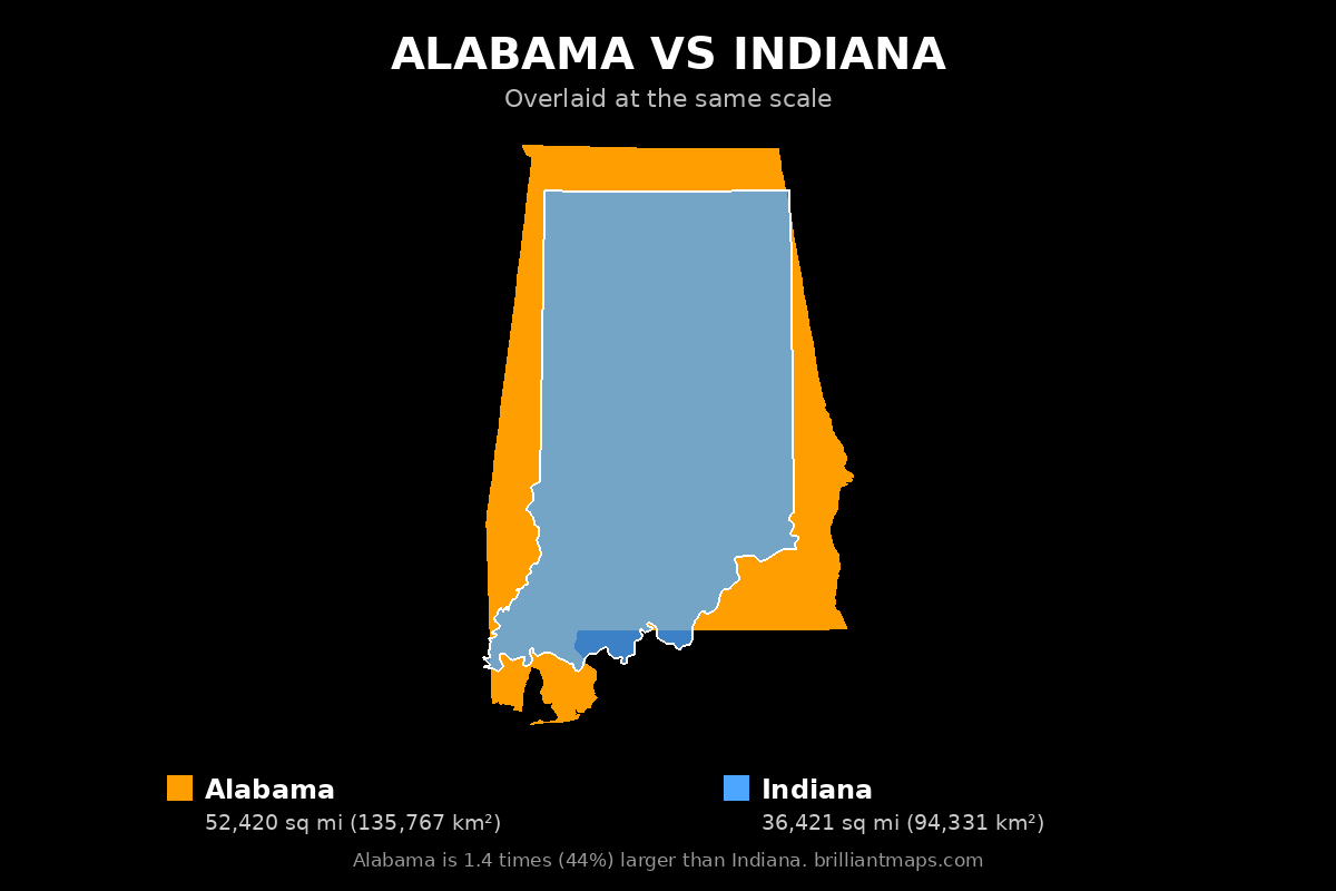 Alabama vs Indiana Size Comparison Map