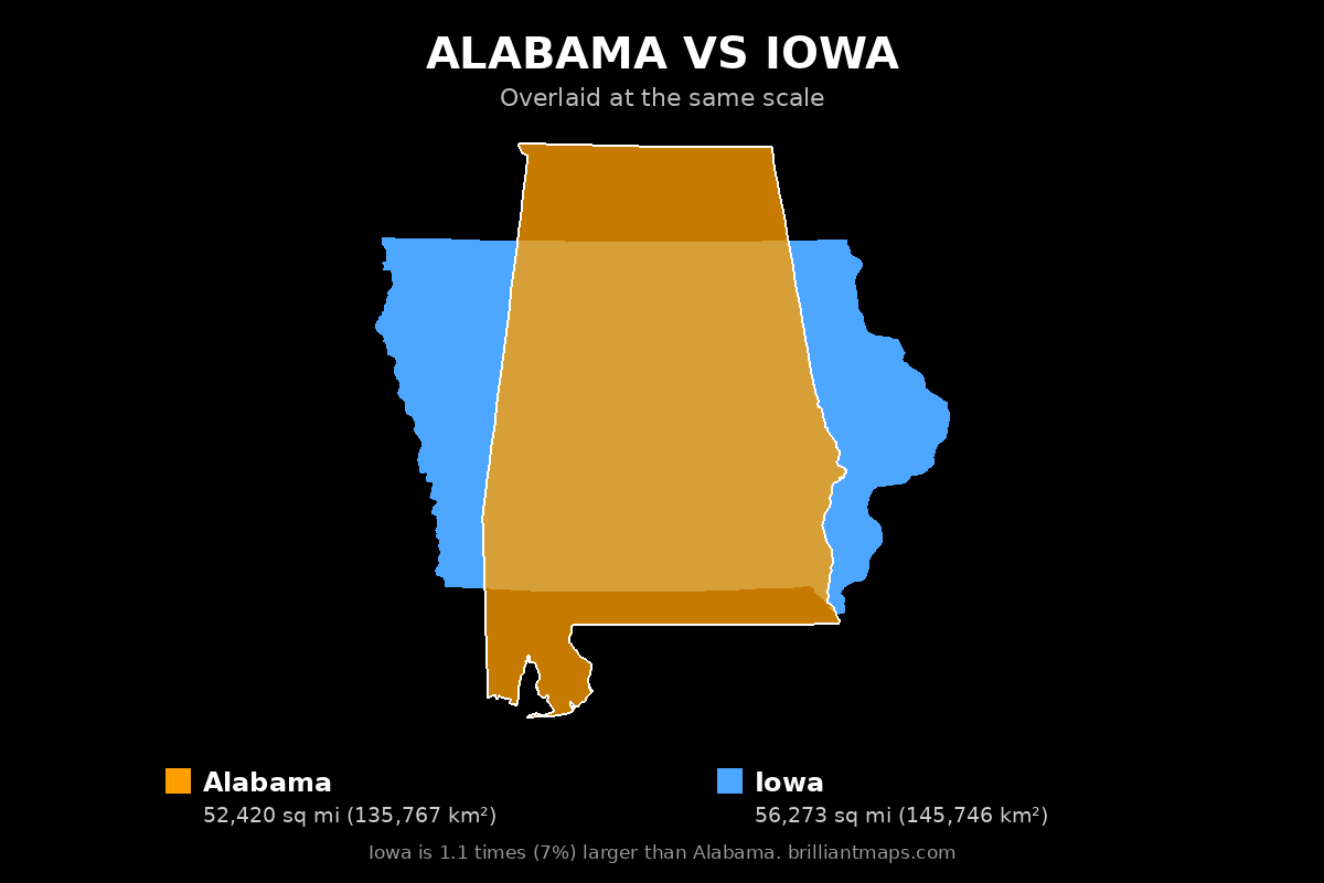Alabama vs Iowa Size Comparison Map