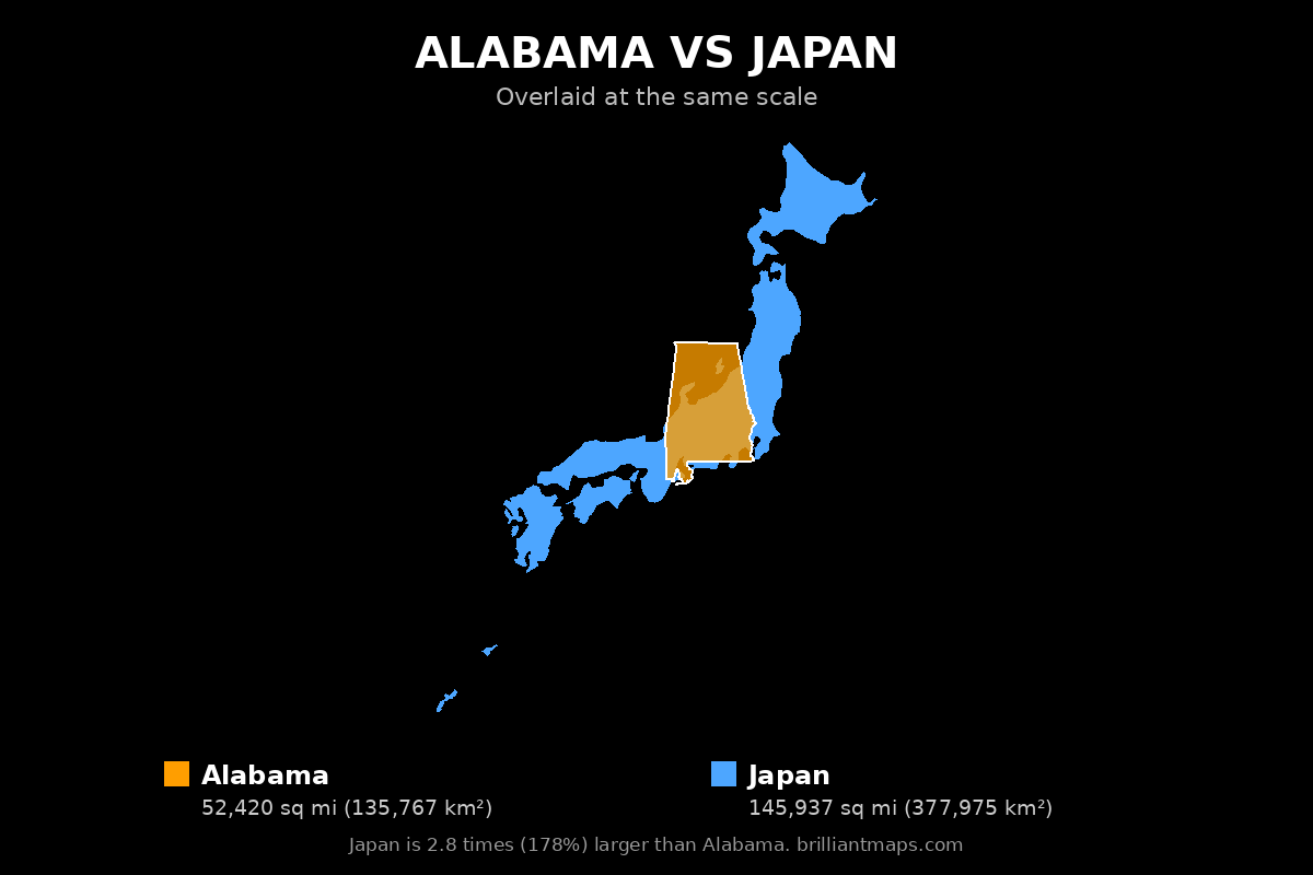 Alabama vs Japan Size Comparison Map
