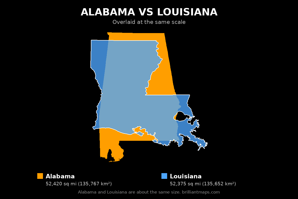 Alabama vs Louisiana Size Comparison Map