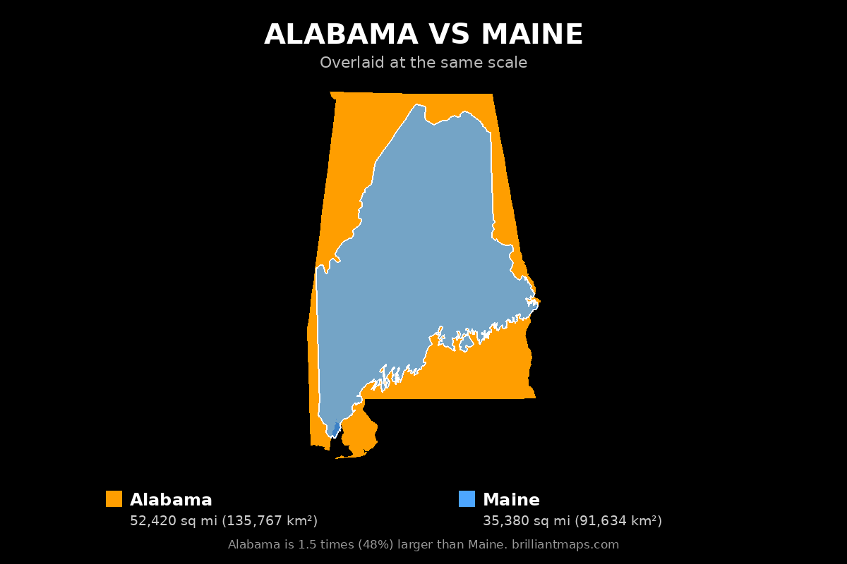 Alabama vs Maine Size Comparison Map