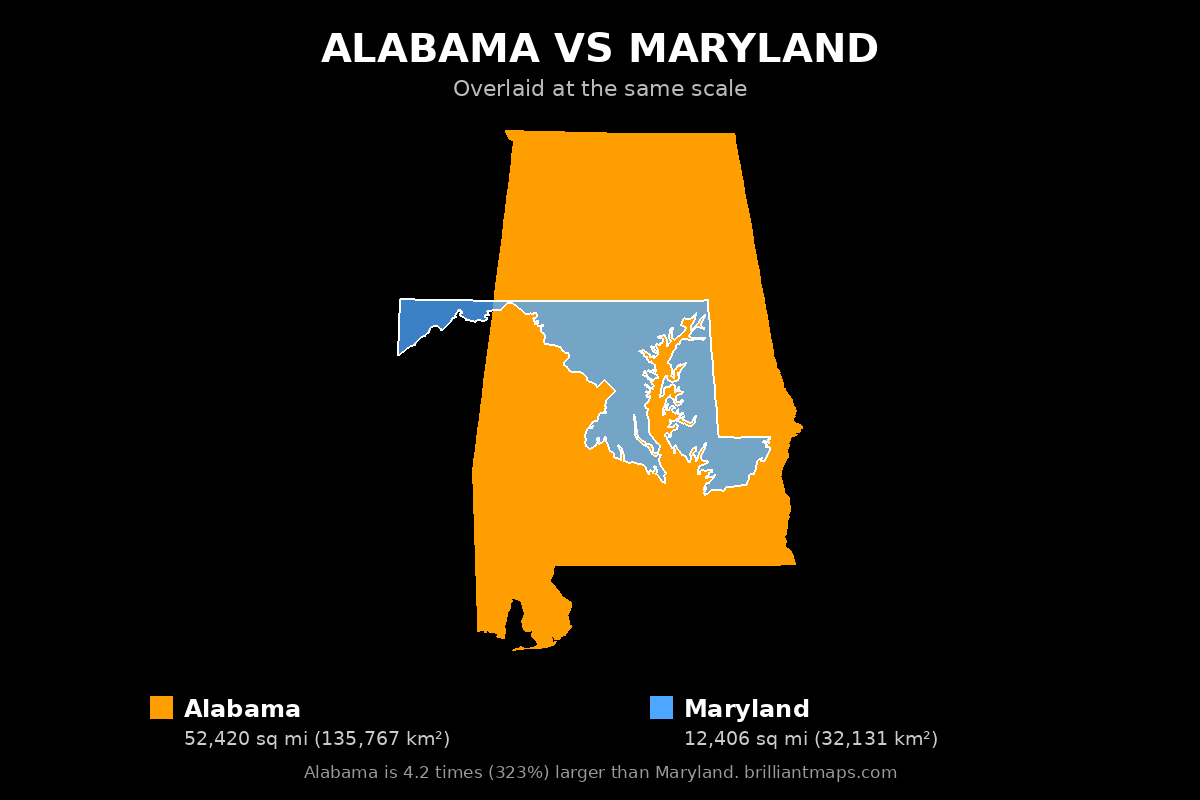 Alabama vs Maryland Size Comparison Map