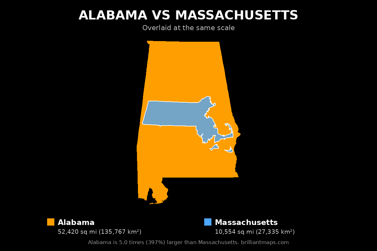 Alabama vs Massachusetts Size Comparison Map