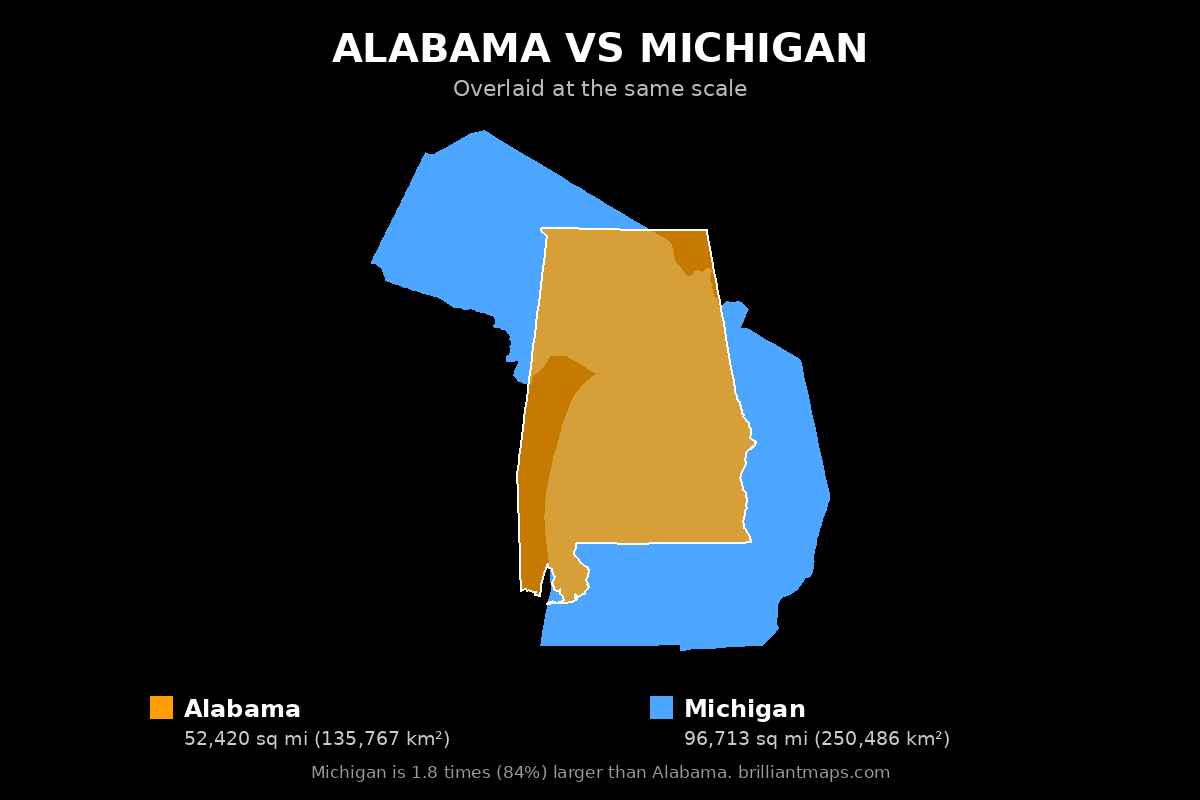 Alabama vs Michigan Size Comparison Map