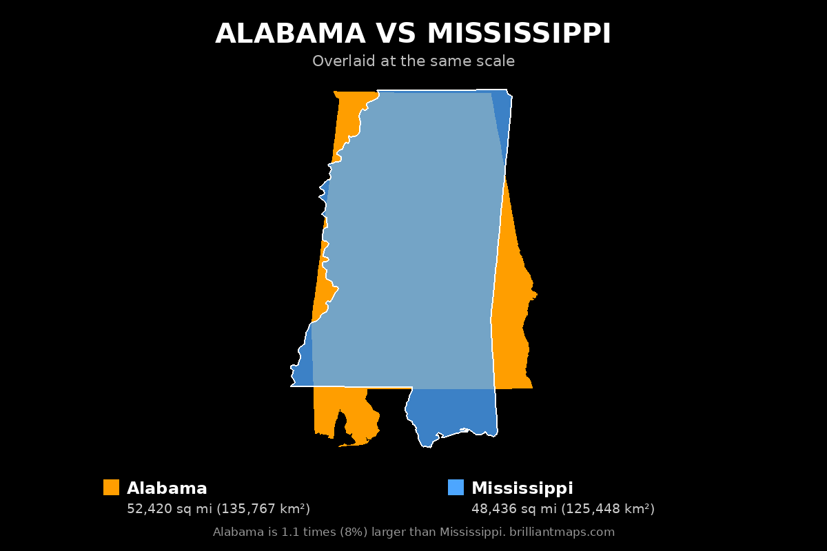 Alabama vs Mississippi Size Comparison Map