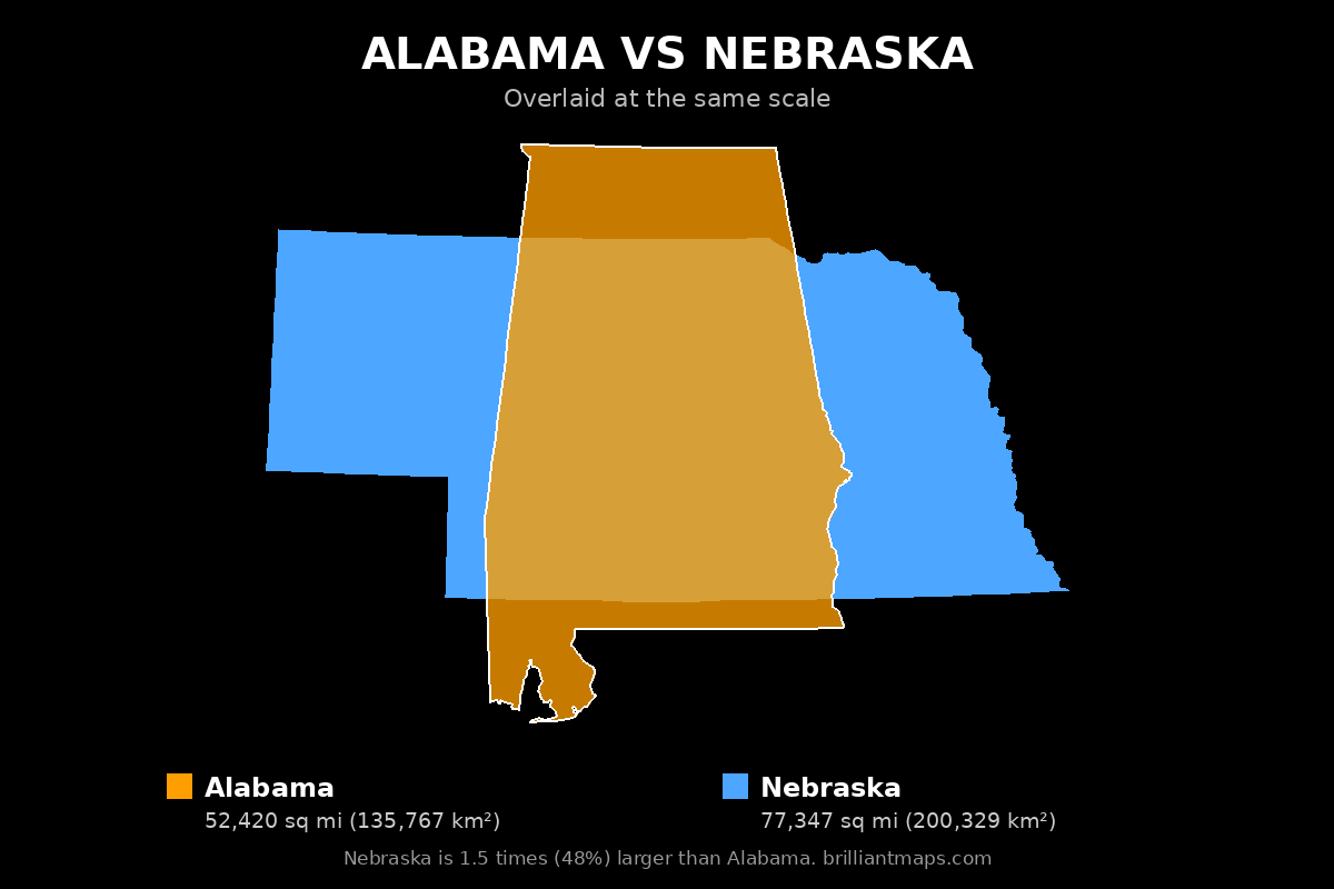 Alabama vs Nebraska Size Comparison Map