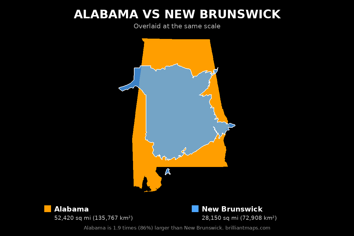 Alabama vs New Brunswick Size Comparison Map