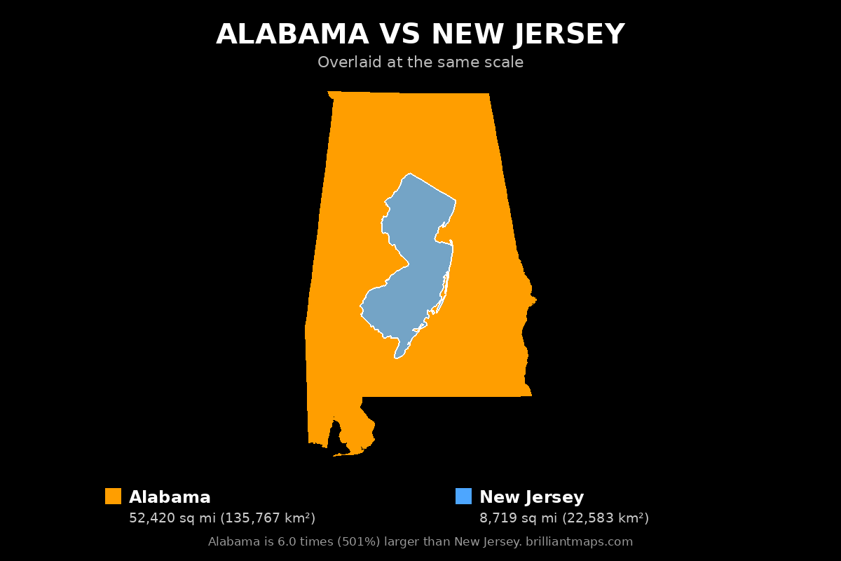 Alabama vs New Jersey Size Comparison Map