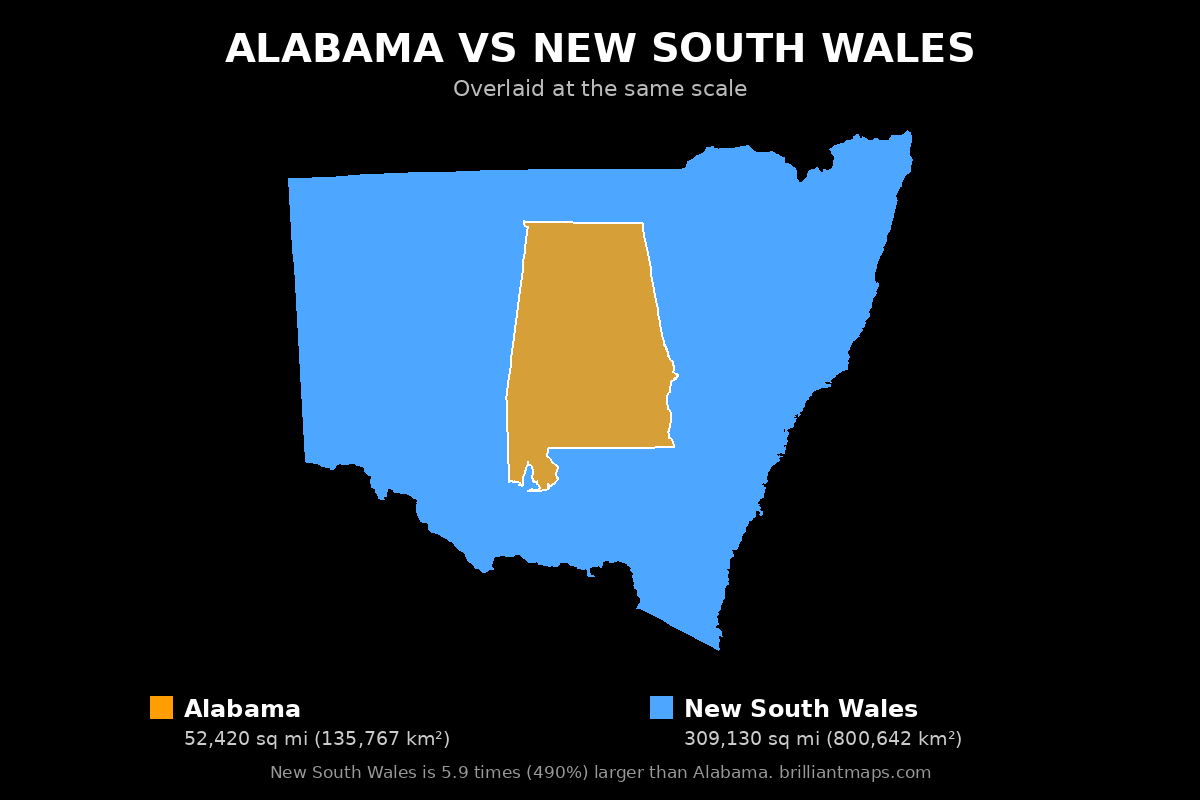 Alabama vs New South Wales Size Comparison Map
