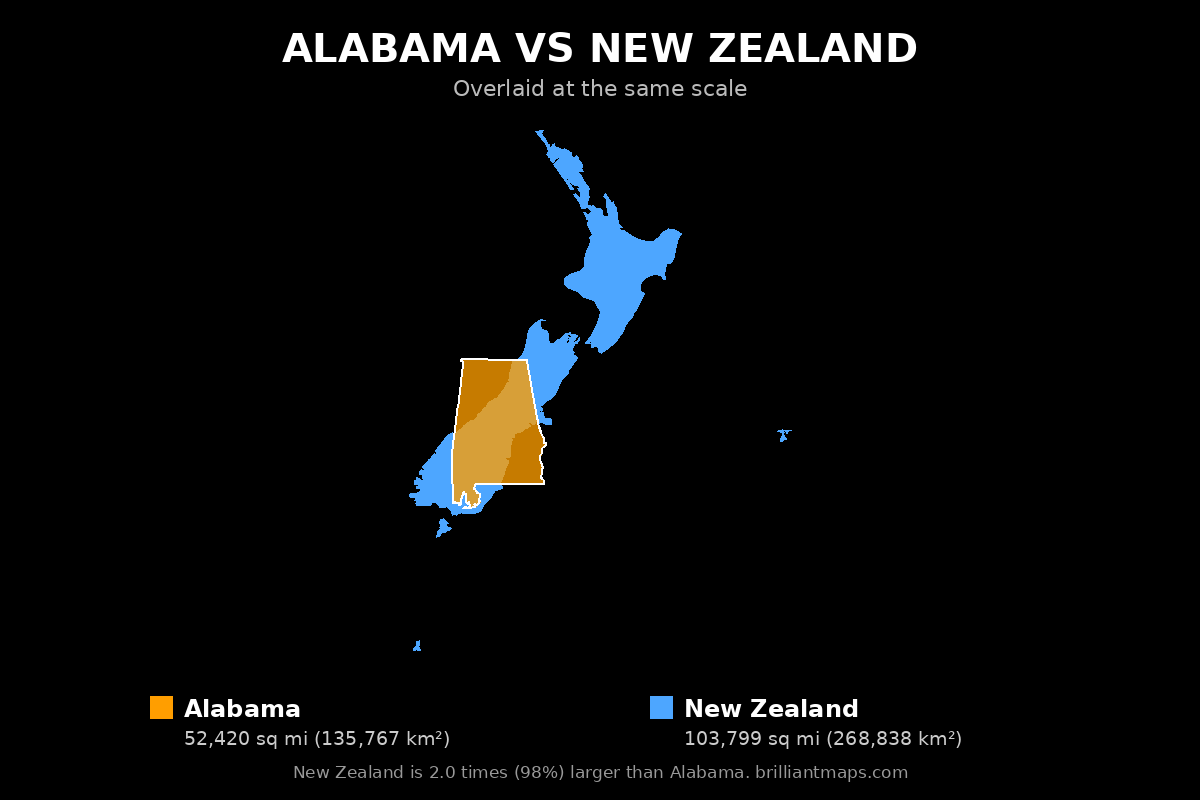 Alabama vs New Zealand Size Comparison Map