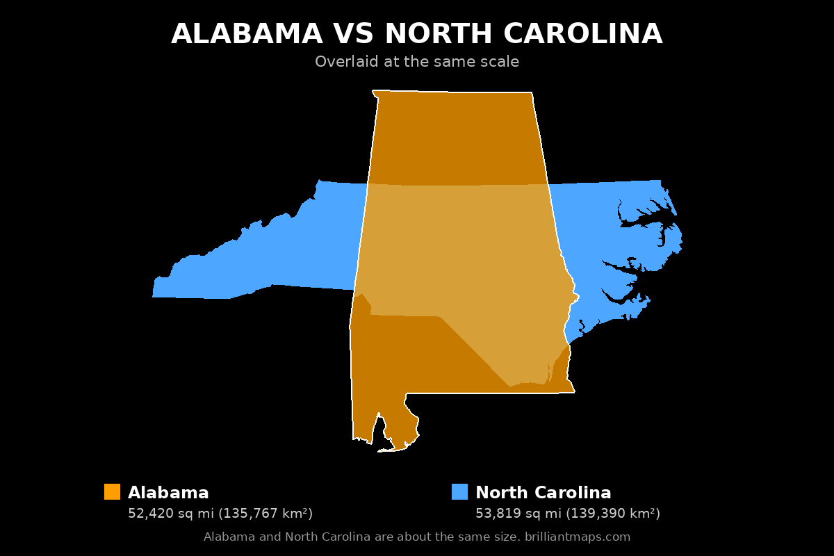 Alabama vs North Carolina Size Comparison Map