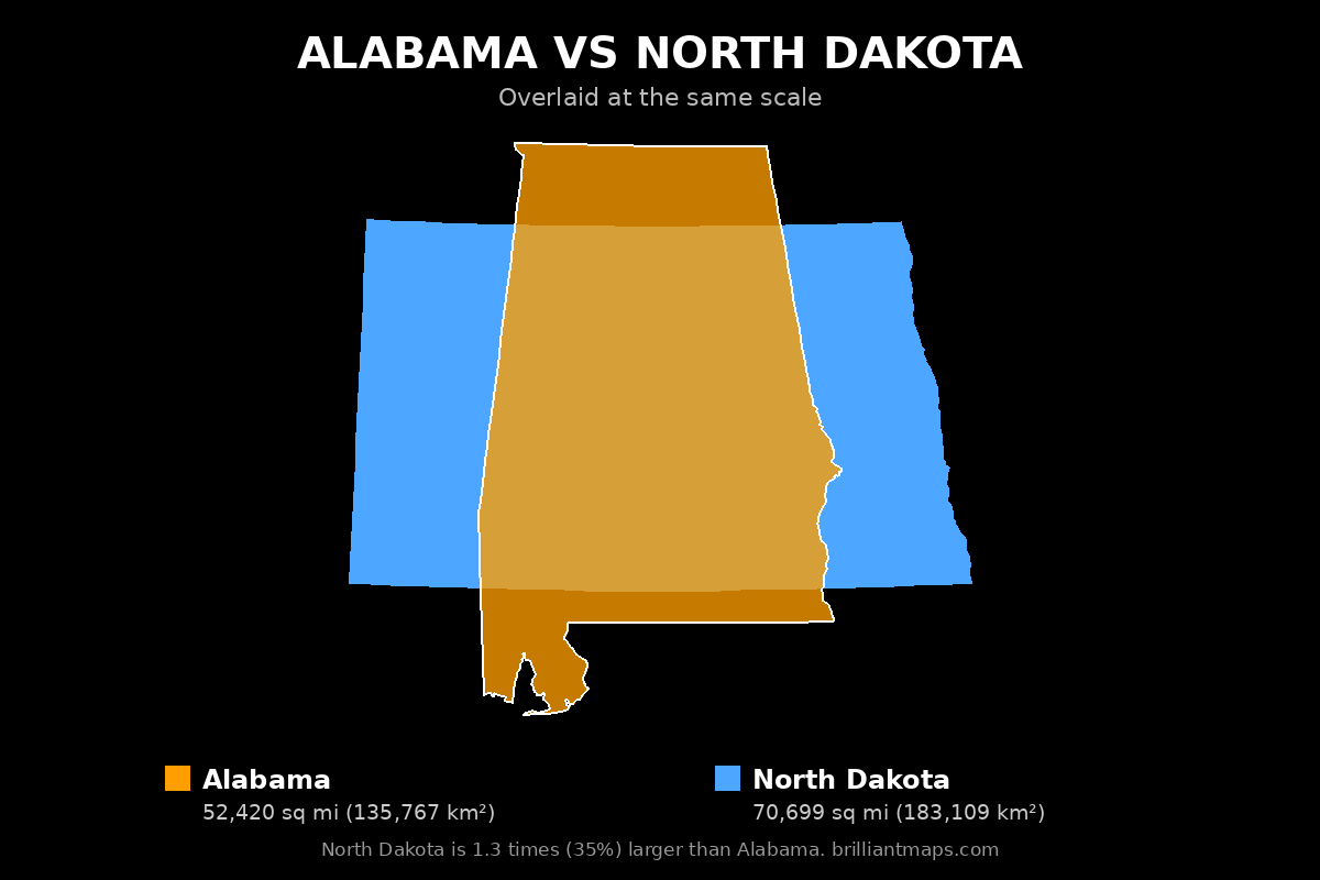 Alabama vs North Dakota Size Comparison Map