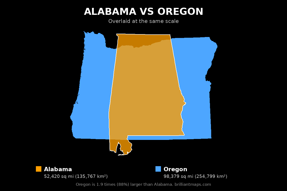 Alabama vs Oregon Size Comparison Map