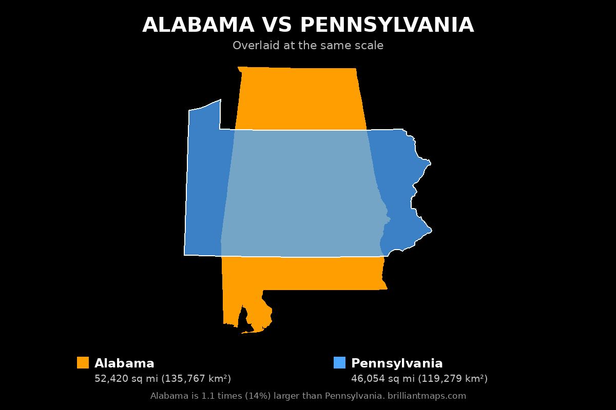 Alabama vs Pennsylvania Size Comparison Map