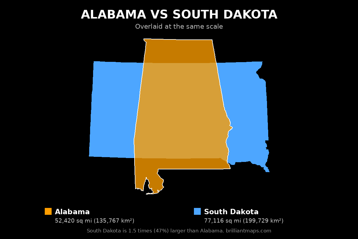 Alabama vs South Dakota Size Comparison Map