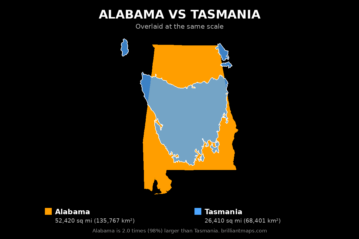 Alabama vs Tasmania Size Comparison Map