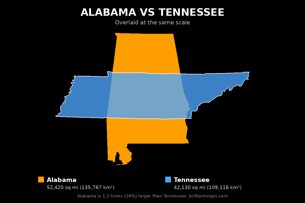 Alabama vs Tennessee Size Comparison Map