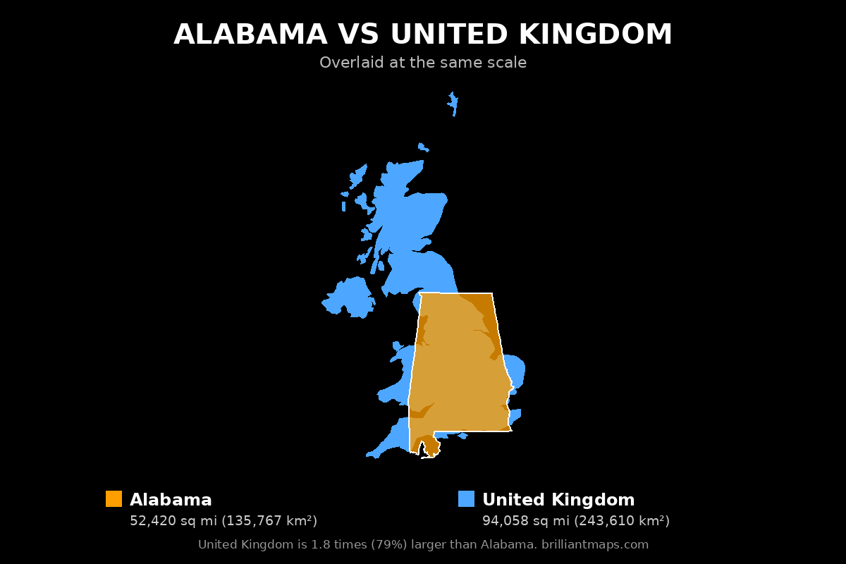 Alabama vs United Kingdom Size Comparison Map