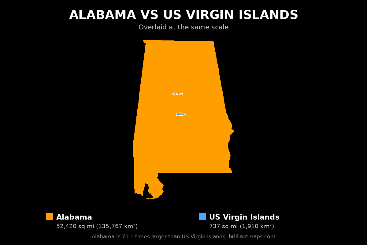 Alabama vs US Virgin Islands Size Comparison Map