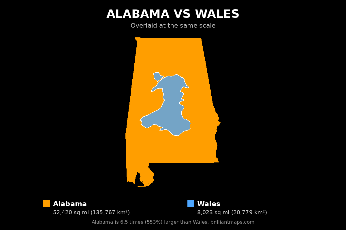 Alabama vs Wales Size Comparison Map