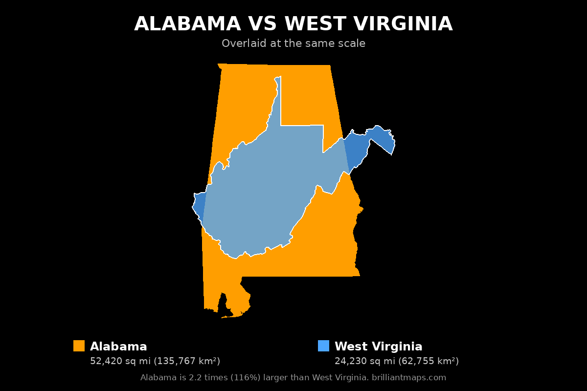 Alabama vs West Virginia Size Comparison Map