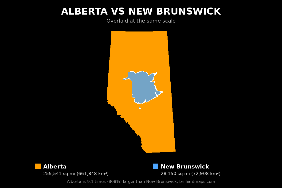 Alberta vs New Brunswick Size Comparison Map