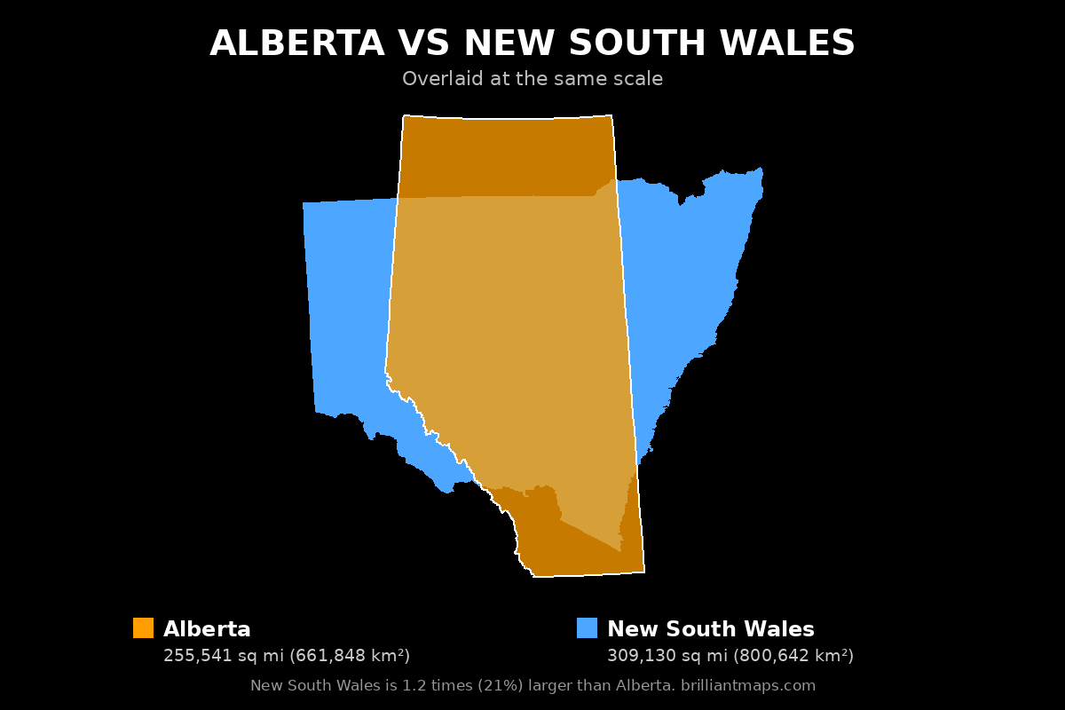 Alberta vs New South Wales Size Comparison Map