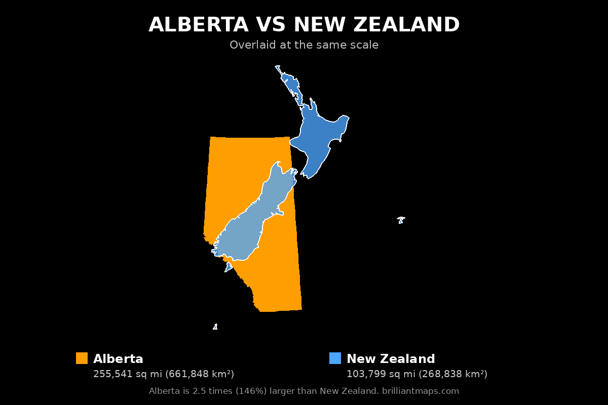 Alberta vs New Zealand Size Comparison Map