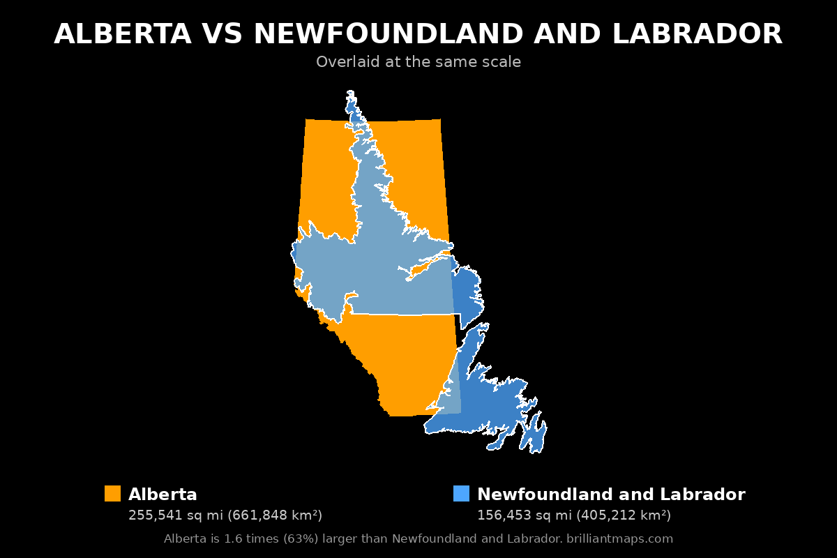 Alberta vs Newfoundland and Labrador Size Comparison Map