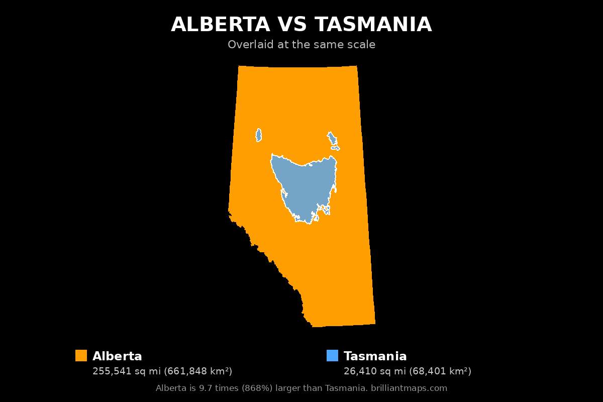 Alberta vs Tasmania Size Comparison Map