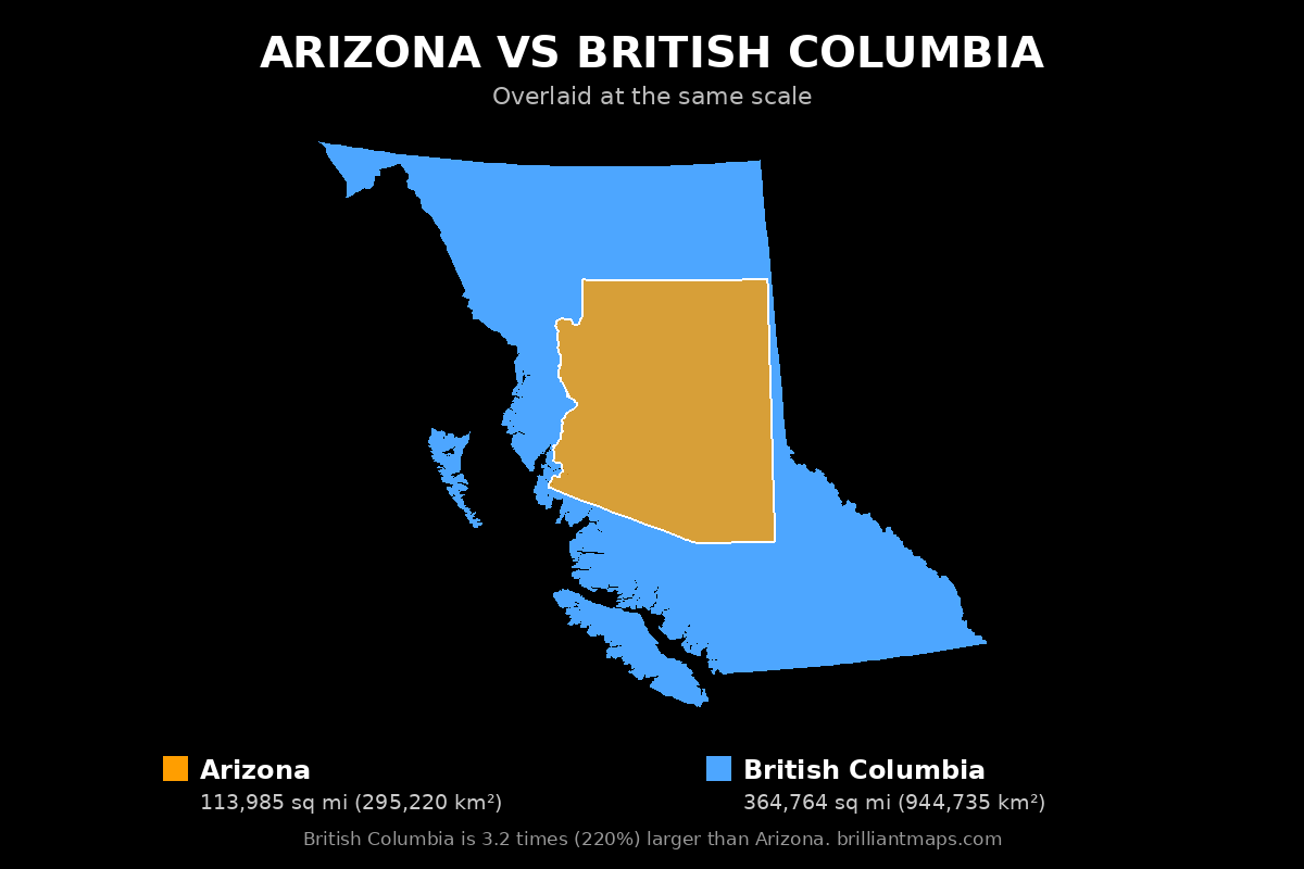 Arizona vs British Columbia Size Comparison Map