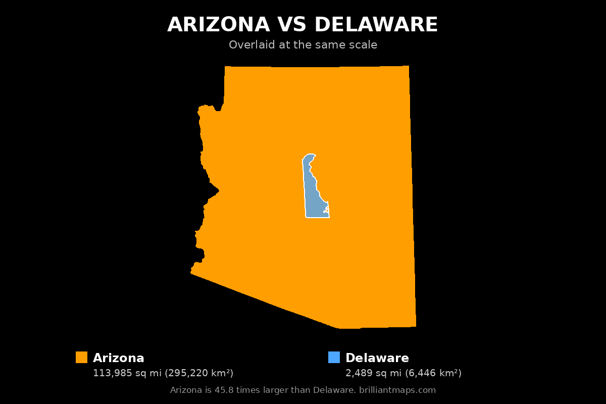 Arizona vs Delaware Size Comparison Map