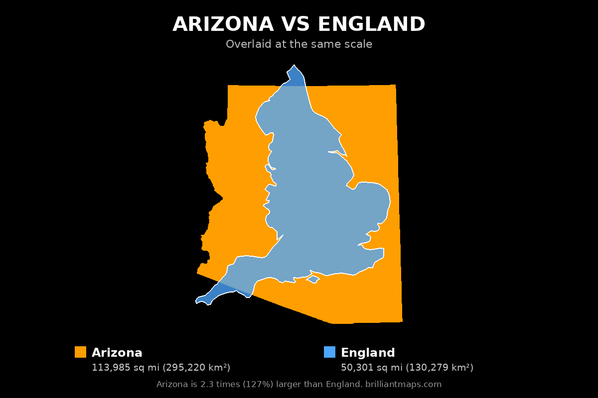 Arizona vs England Size Comparison Map