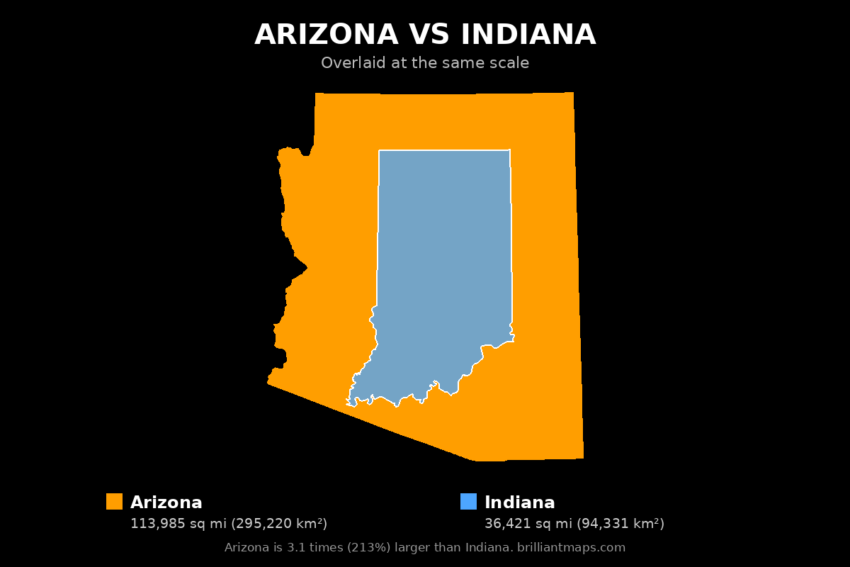 Arizona vs Indiana Size Comparison Map