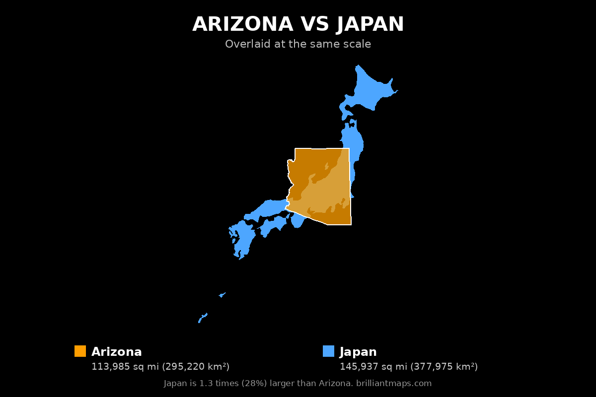 Arizona vs Japan Size Comparison Map