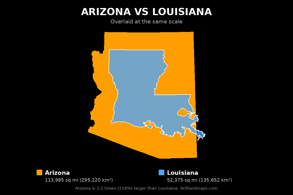 Arizona vs Louisiana Size Comparison Map