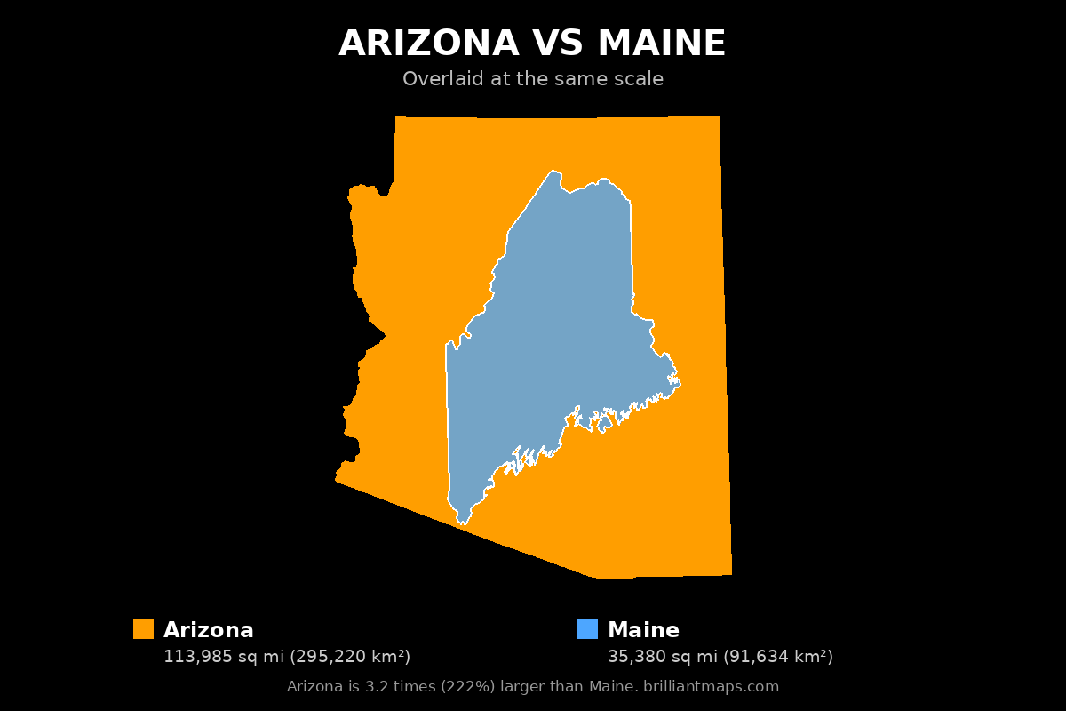 Arizona vs Maine Size Comparison Map