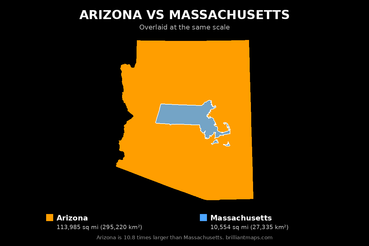 Arizona vs Massachusetts Size Comparison Map