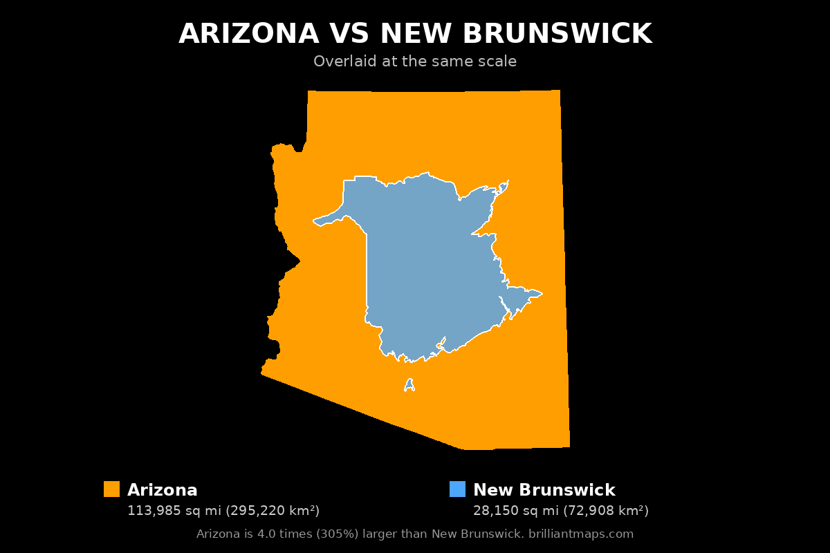 Arizona vs New Brunswick Size Comparison Map